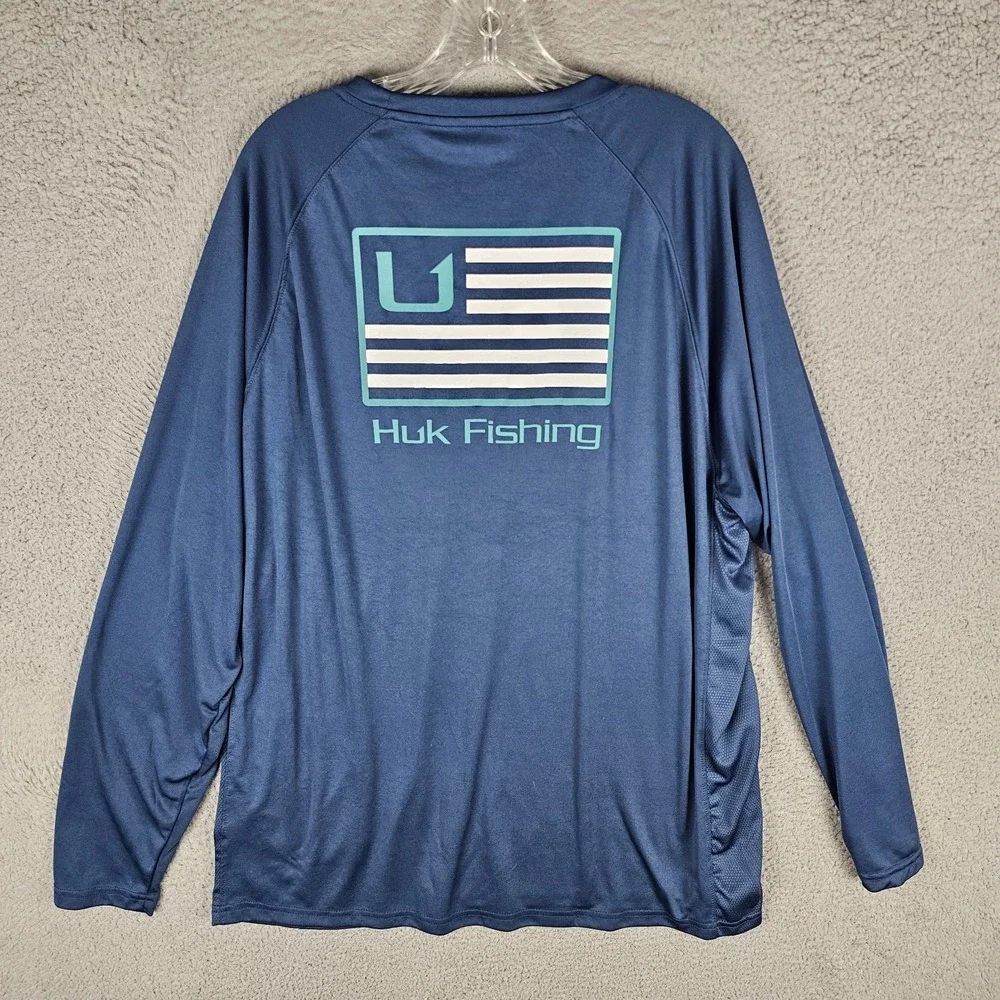 Huk Fishing Tee‎ Shirt Mens 2XL Performance American Flag Long Sleeve